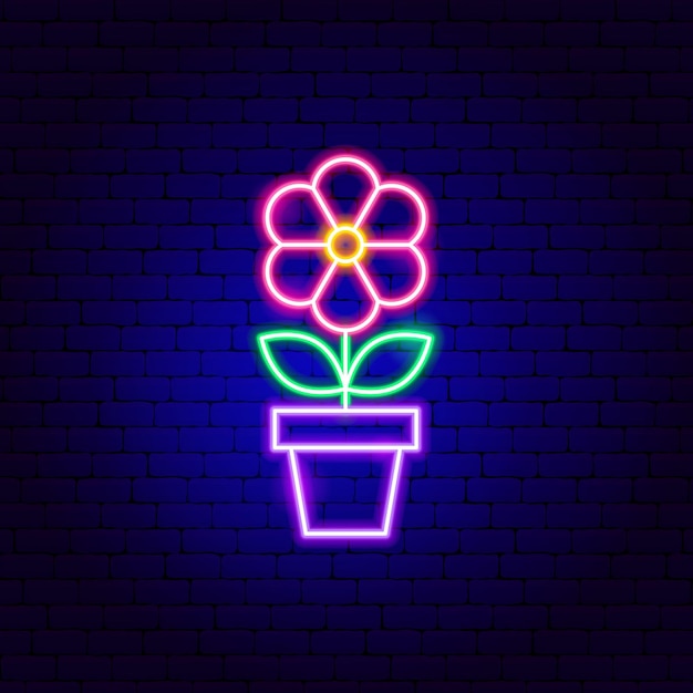 Fiore in vaso insegne al neon. illustrazione vettoriale di promozione della natura.