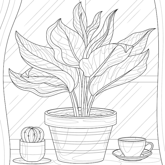 Flower in a pot on the windowsill and a cup of coffee