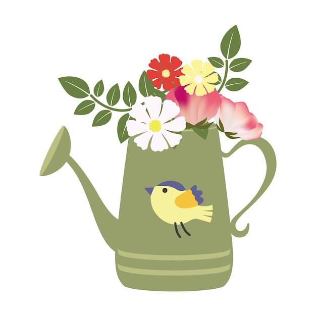 A flower pot with a bird on it and a flower on it.