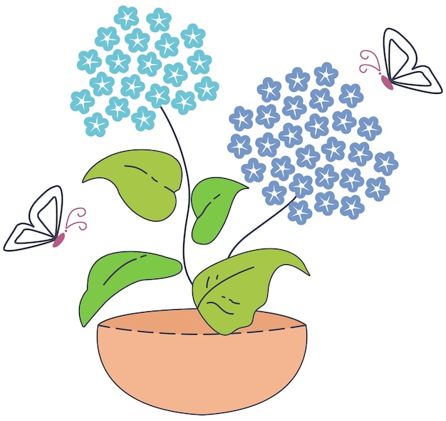 Vector a flower pot with blue flowers and butterflies