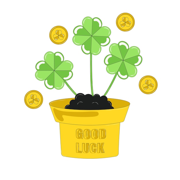 Flower Pot with Clover Plant Coins Around Good Luck wish for St Patricks Day