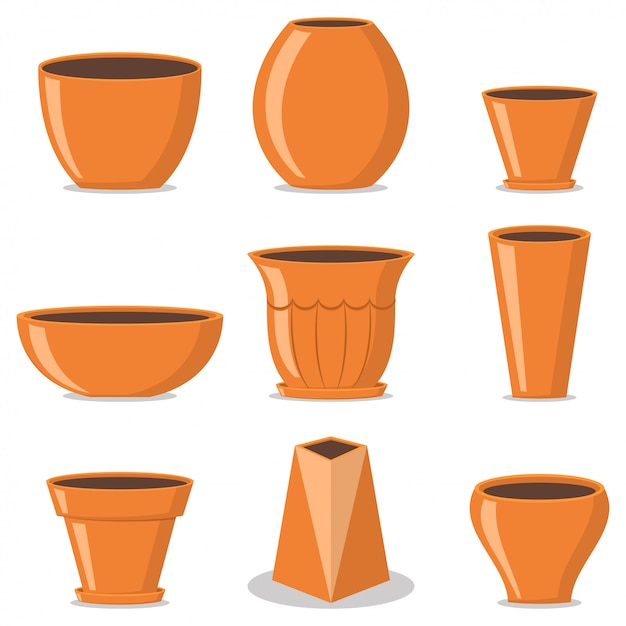 Flower pots of different types. Vector set of flat  isolated 