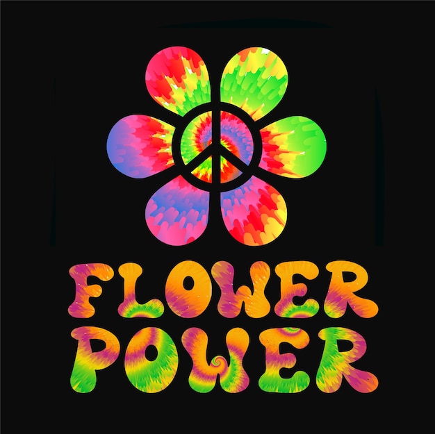 Flower power citazione tie dye psichedelico surreale fontvector legatoye illustrazione logoflower power slogan text60s70sgroovytie colorante psichedelicotrippy print per tshirtpostersticker concept