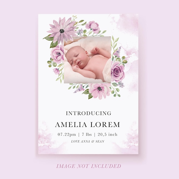 Цветочный фиолетовый акварельный шаблон объявления о рождении ребенка