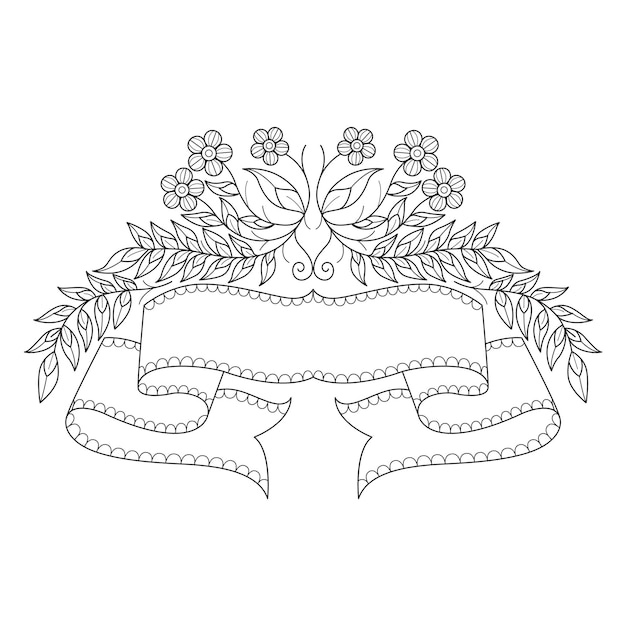 Flower and ribbon hand drawn for adult coloring book