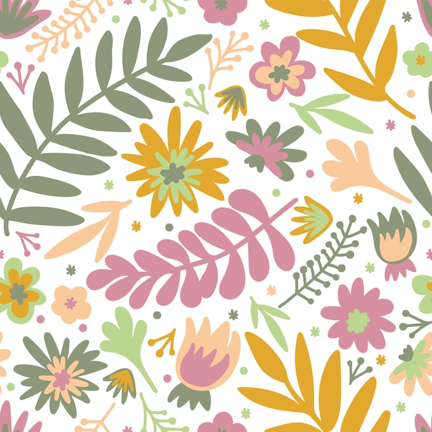 Flower Scandinavian doodle seamless pattern with colorful flowers and leaves Scandi Isolated