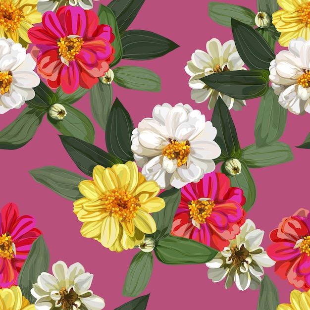 Flower seamless pattern with zinnia flowers 