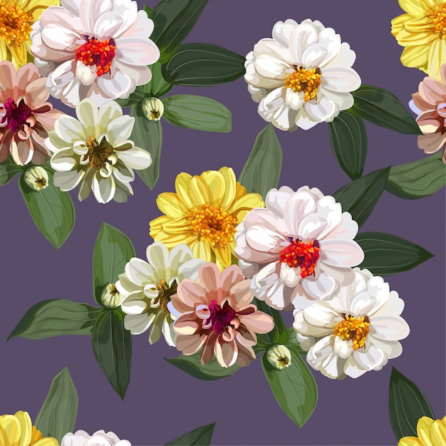 Flower seamless pattern with zinnia flowers 