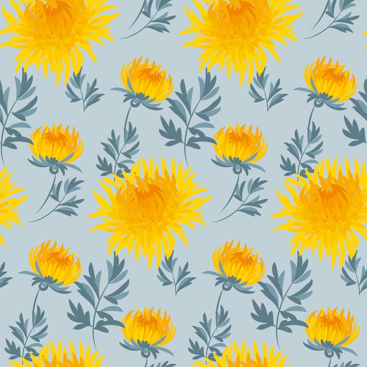 Vector flower seamless pattern yellow chrysanthemum repeatable motif.