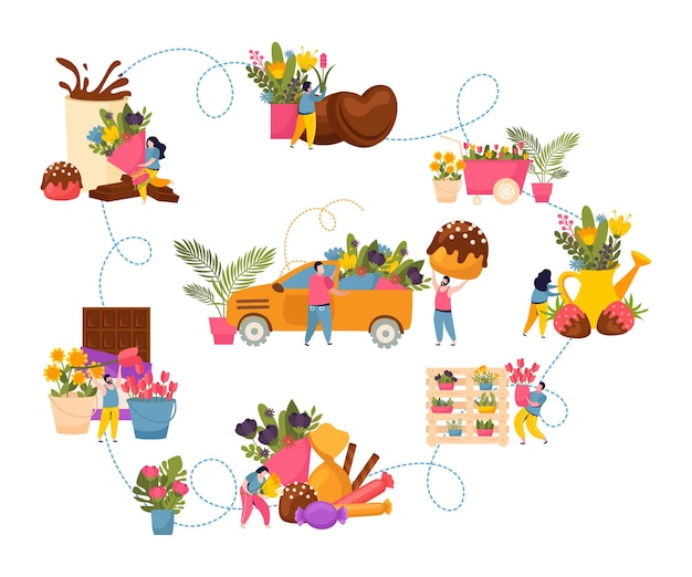 Flower shop concept set with greeting decor symbols flat illustration