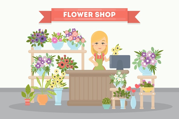 Flower shop saleswoman Pots with plants and flowers with cashbox