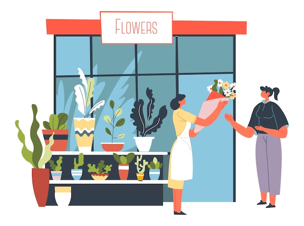 Вектор Цветочный магазин, уличный киоск с букетами и флорой