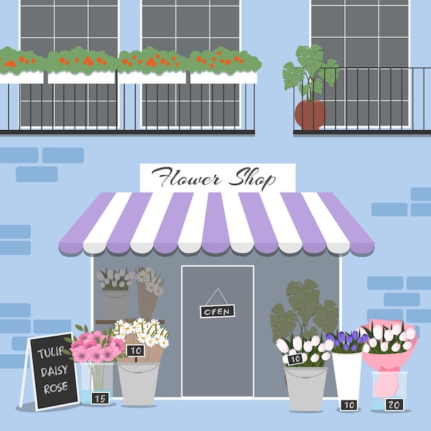 Vector flower shop vector illustration. florist shop exterior. blue building.