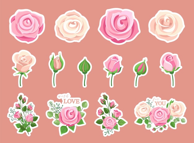 Flower stickers Rose bouquet pink roses decorative compositions Floral elements for cards invitation wedding decor Romantic love social media vector sticker pack