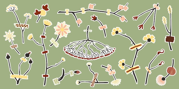 Flower stickers for scrapbooking with adhesive tape illustration isolated