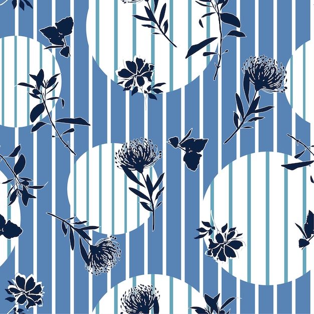 Flower on stripe polkadot seamless pattern