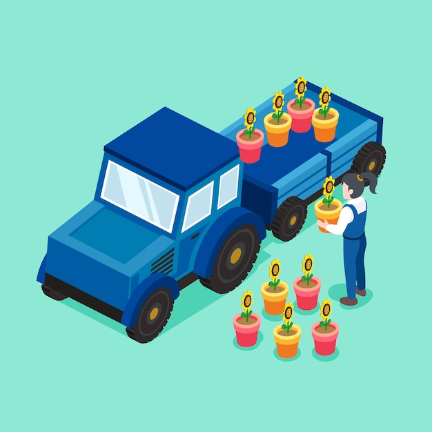 Flower transportation concept in   isometric graphic