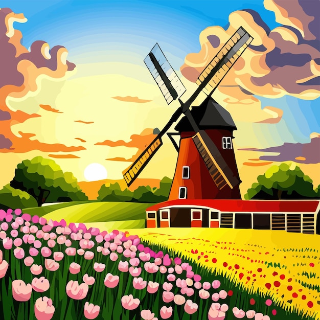 Vector flower tulips fields painting colorful drawing netherlands flower harvest fields red green orange