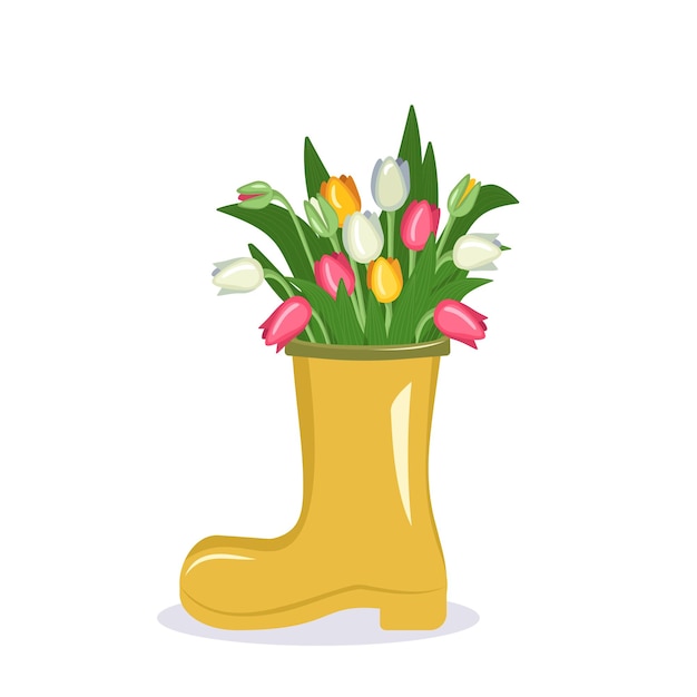 flower in a vase a bouquet of tulips in a boot