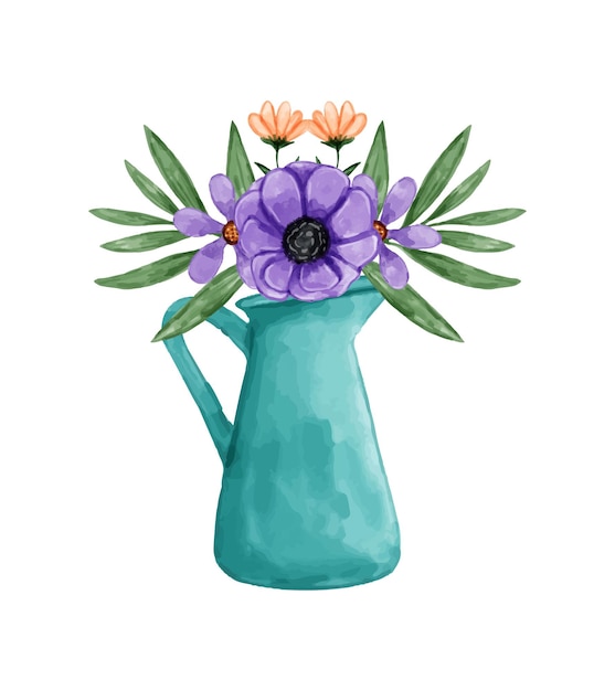 Vector flower vase and bouquet with watercolor