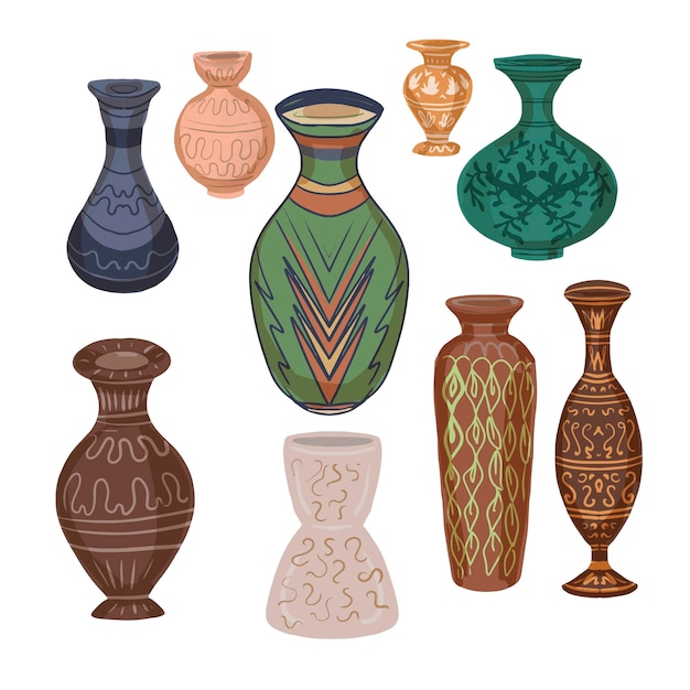 Flower vases with pattern historical folk hand drawn colored and