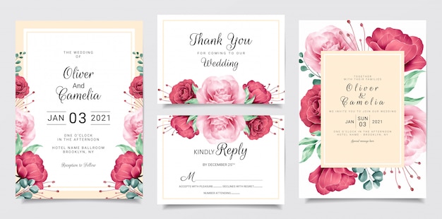 Цветочный шаблон свадебного приглашения с акварельной цветочной рамкой и рамкой