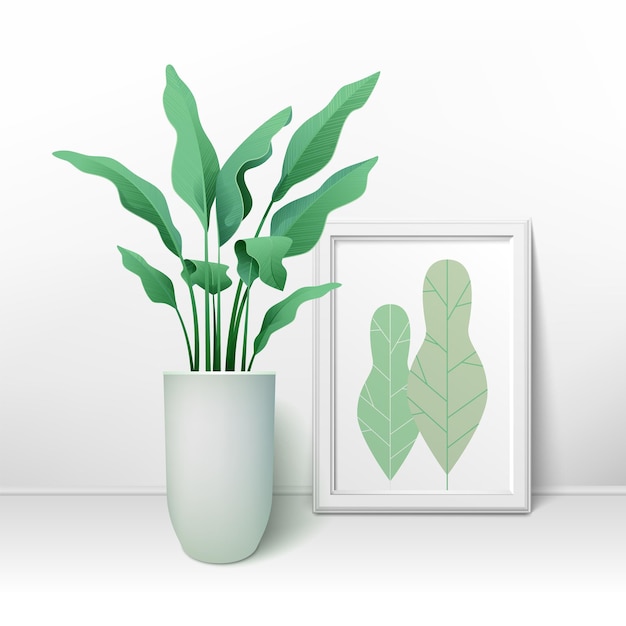 Vector flower with big leaves in a pot and a big frame for pictures. interior design. vector illustration