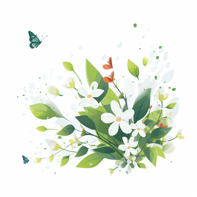 A flower with a butterfly and a green leaf