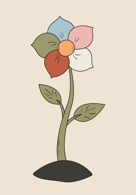 Flower with colorful petals retro plant in 60s and 70s illustration style