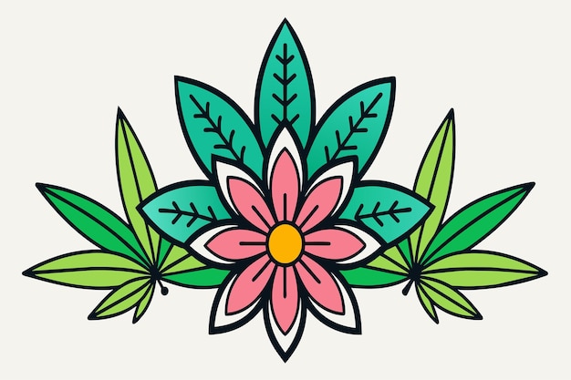 Vector a flower with green leaves and pink petals