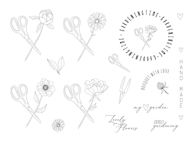 Flower with scissors monochrome hand drawing logo set. Stamp and elements for florist and gardening