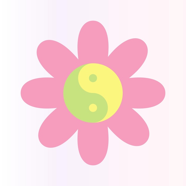 Flower with yin yang symbol in pastel pink yellow green color. Cute y2k clip art design element