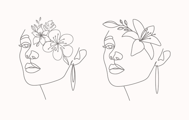 Flower woman beauty face female with lily line art drawing