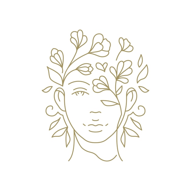 花の女性の肖像画植物の花の髪型美容ベクトル図の最小限のライン アート スタイルのロゴ自然な花のつぼみと花の女性の顔葉モノクロ アイコン髪形美容