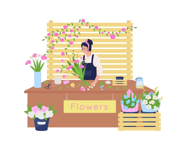 Flower workshop 2D . Florist at work flat character on cartoon