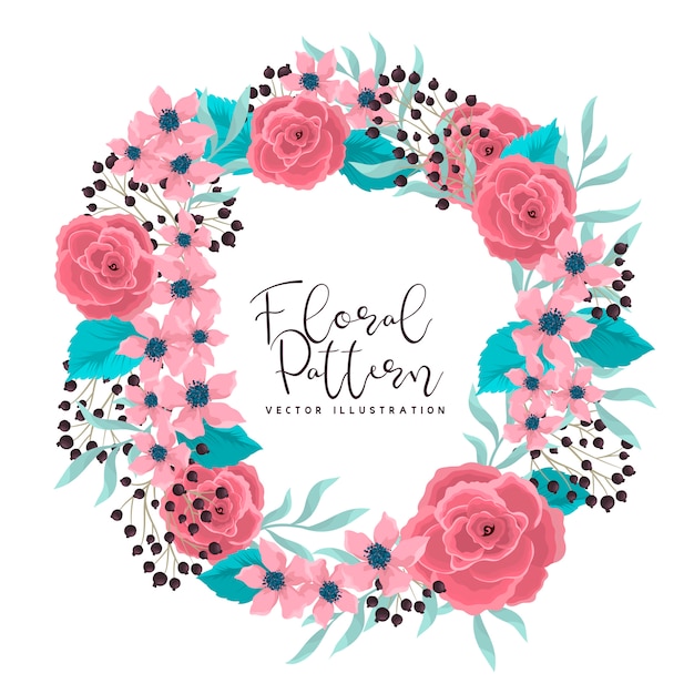 Flower wreath drawing  pink roses frame with flowers