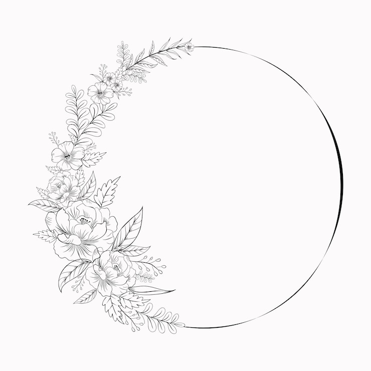 Vector flower wreath line art black and white illustration