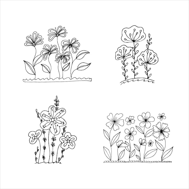 Flowerbed with flowers for coloring doodle style drawing