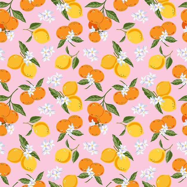 Flowering branches of lemon and tangerine Tropical fruits leaves flowers Seamless vector pattern