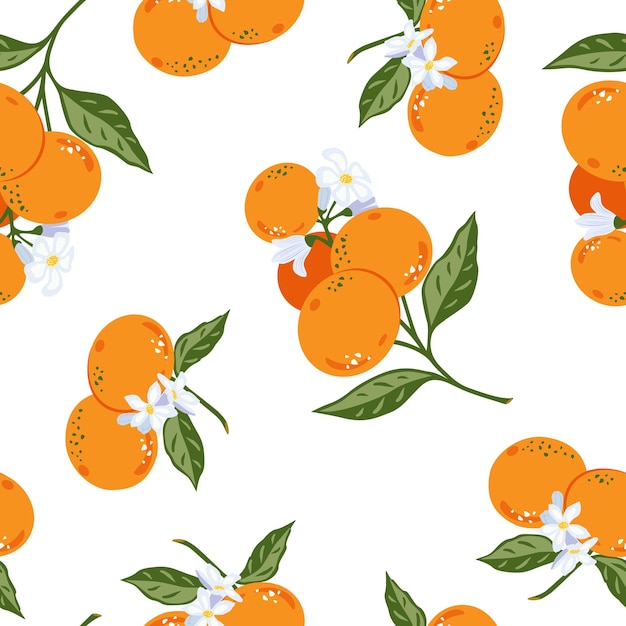 Вектор Цветущие ветки оранжевого мандарина тропические фрукты, листья, цветы. бесшовный векторный рисунок.