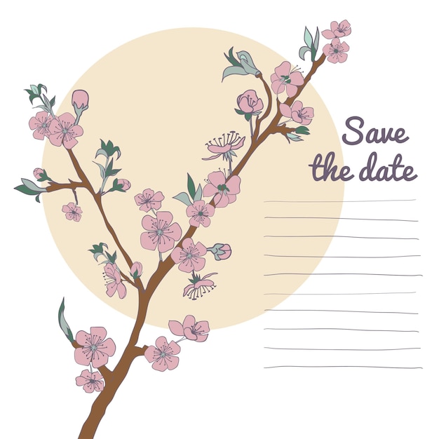 Vector flowering cherry branch on background of moon vintage