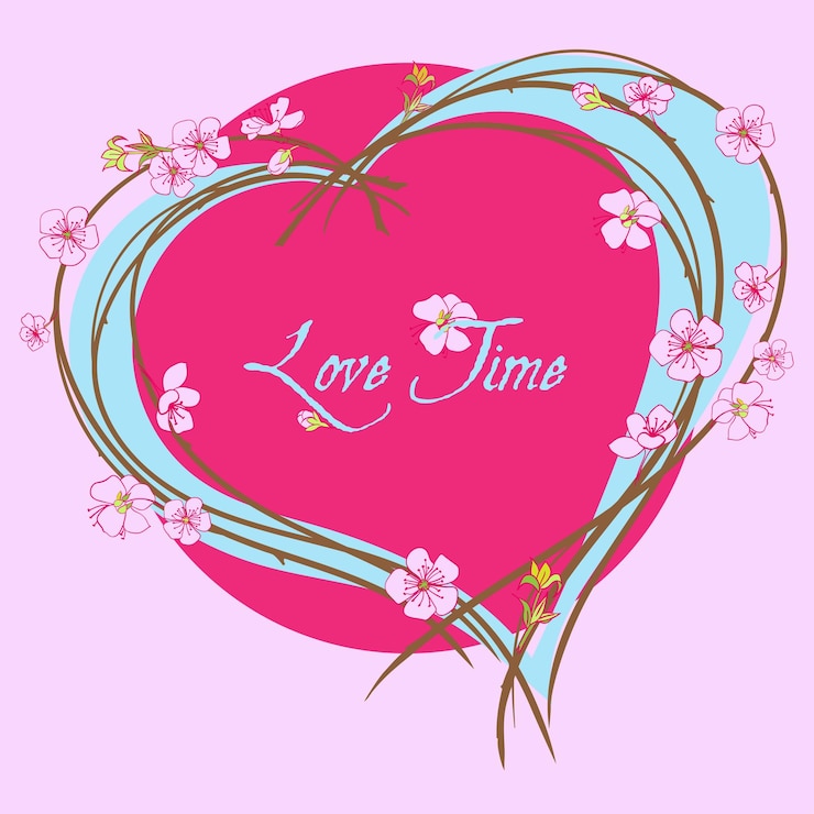 Vector flowering cherry branch in form of heart on background of sun