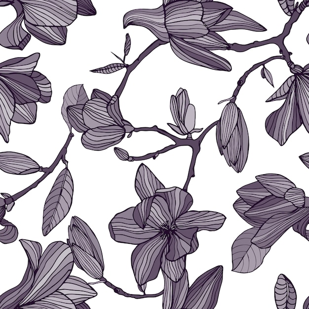 Flowering magnolia. hand drawn monochrome seamless pattern with blooming flowers. wallpaper.