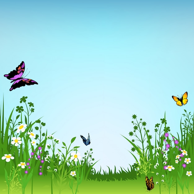 Flowering Meadow and Butterflies Background