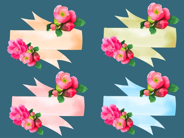 Flowering quince blossom watercolor ribbons banner vector collection