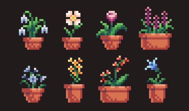 Set di fiori in pixel art piante domestiche nella collezione di vasi in ceramica