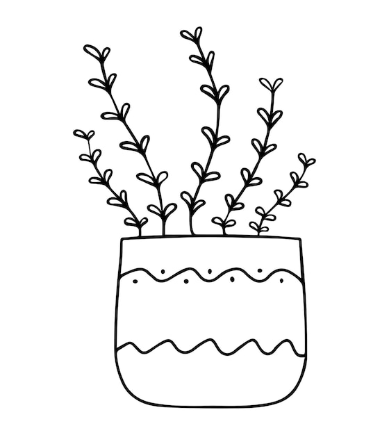 Flowerpot with plants home flowerpot doodle style hand drawn