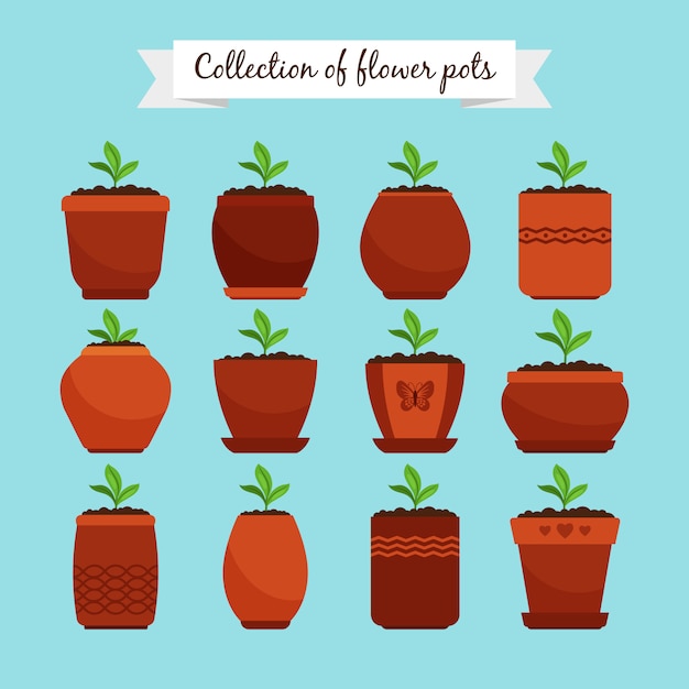 Flowerpots with soil and sprouts isolated on blue