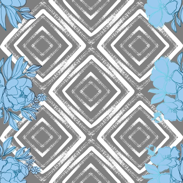 Flowers on aged shabby paint grunge geometric ornament vector seamless pattern