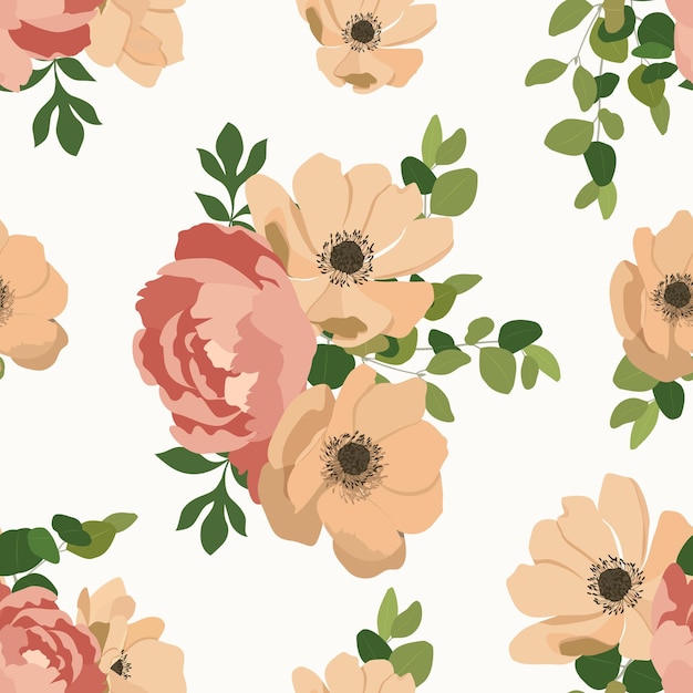 Fiori di anemone e peonie rosa su sfondo bianco illustrazione vettoriale senza soluzione di continuità per la decorazione di imballaggi tessili e carta da parati